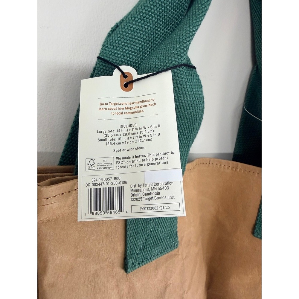 Hearth &‎ Hand Magnolia Reusable Tote Bag Set Tan Green 2pc Wipeable NWT - Picture 5 of 5